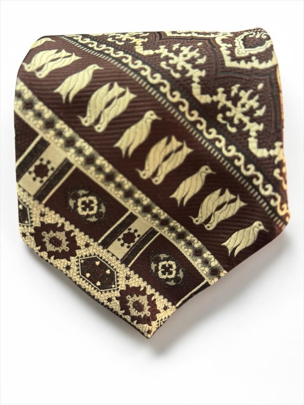 Vintage Maas Brothers Ornate Regal Penguin Tie Brown Tan